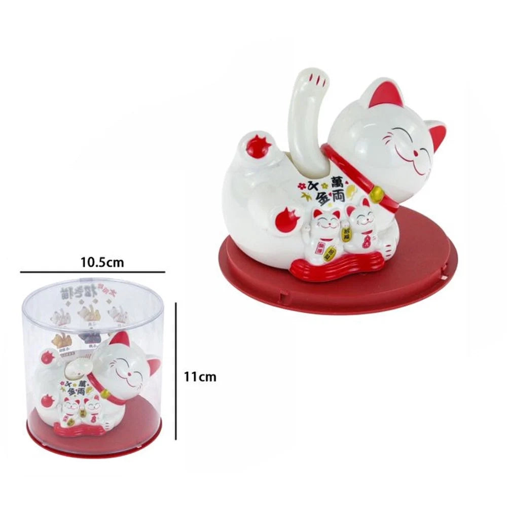 Trade Shop - Gatto Portafortuna Maneki Neko Energia Solare Sdraiato Con Braccio Mobile 11x10,5cm 73775 -