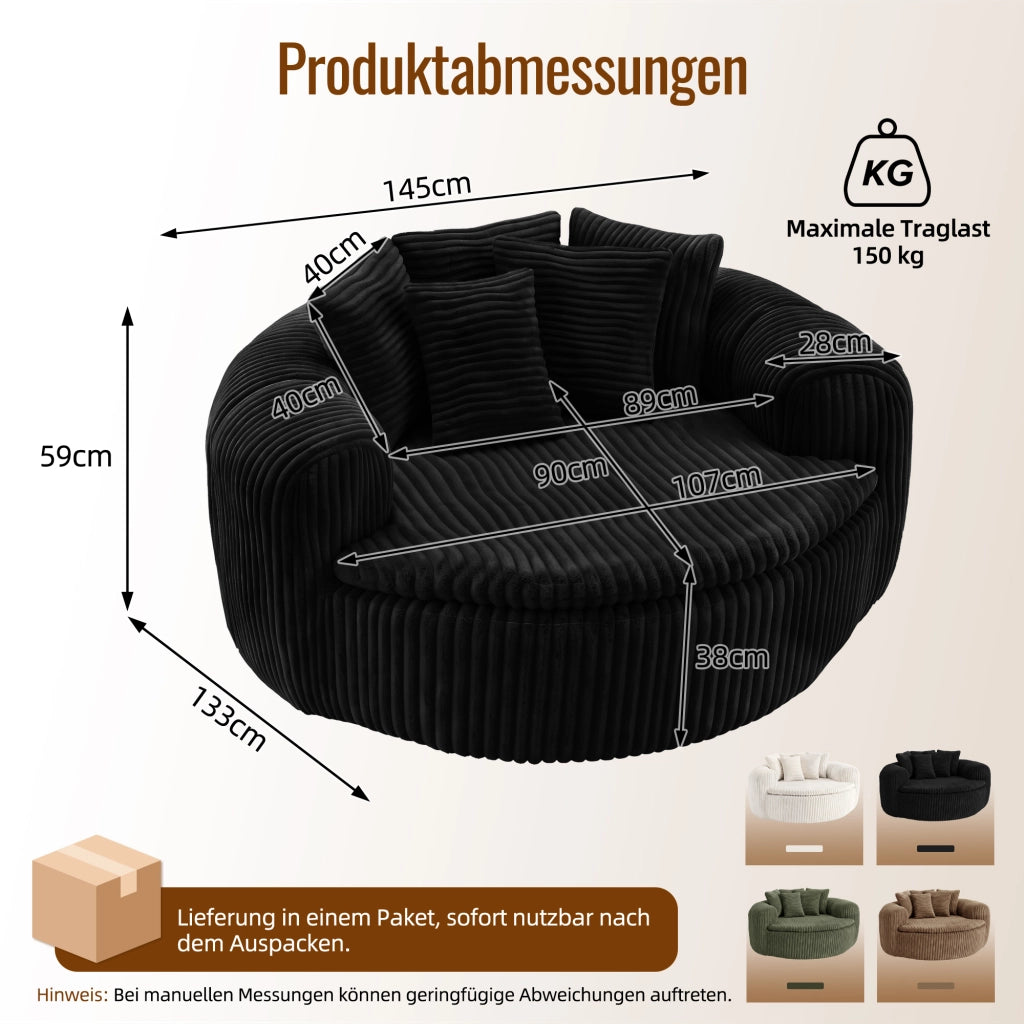 Poltrona lounge 145x133x59 cm con 5 cuscini in velluto a coste nero