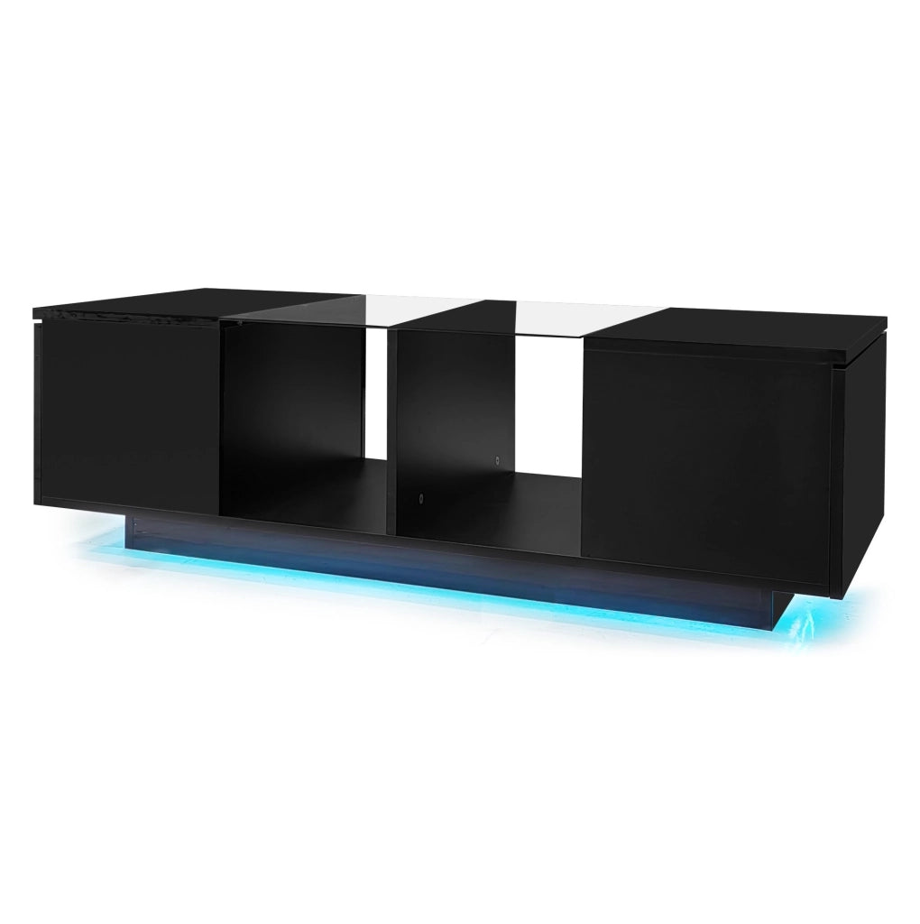 Tavolino da caffè moderno nero 120 x 50 x 38;5 cm con LED; vetro e vani laterali