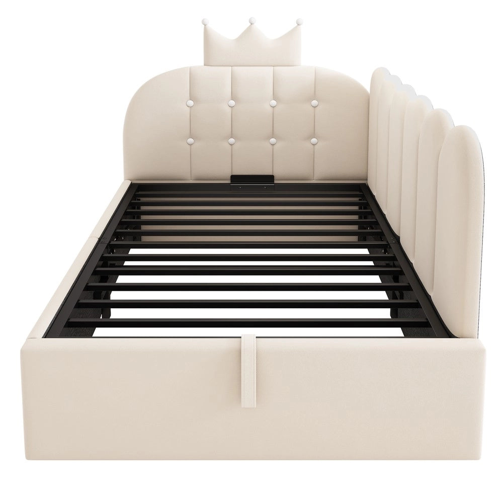 Letto Imbottito Contenitore 90x200 Daybed ¨C Xylo ¨C Velluto Beige, Testiera con Design a Griglia
