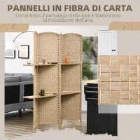 Paravento da Interno a 4 Pannelli Pieghevole con Mensole 160x170 cm, Colore Naturale