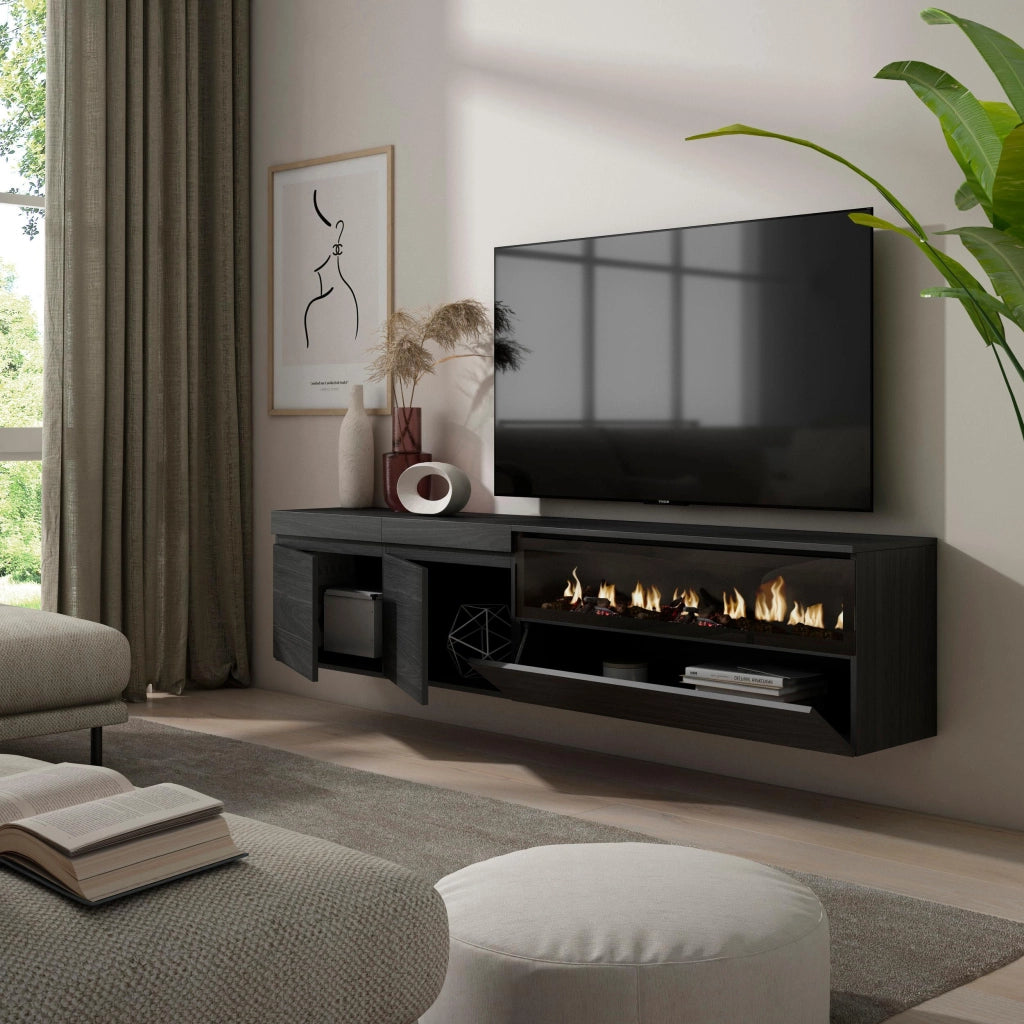 Mobile TV, 200x35x45cm, soggiorno, Per TV fino a 80", Camino elettrico, da appendere, Nero RF2195