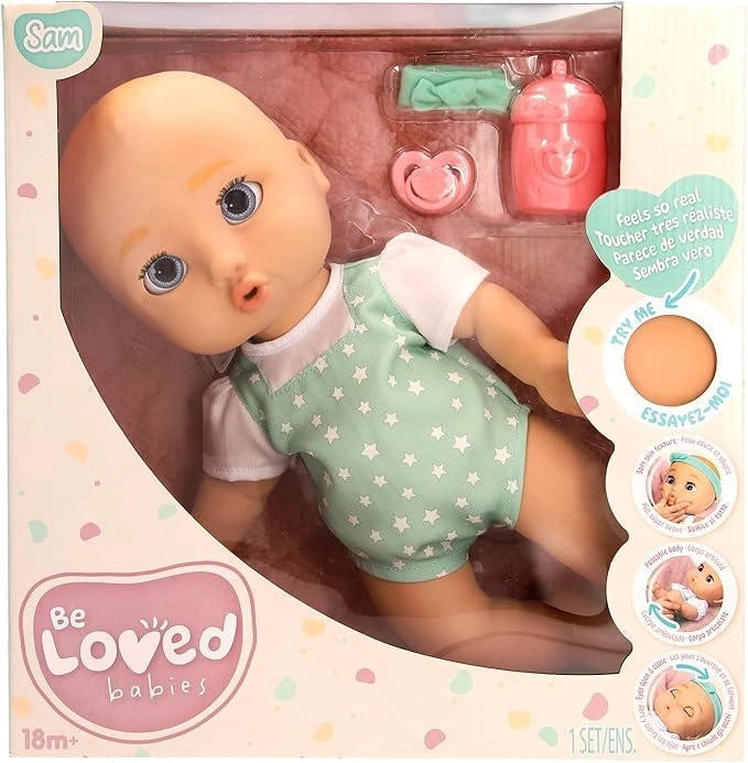 BE LOVED BABIES Sam, Bambola Realistica, Ha una Pelle Morbida e Include un Ciuccio e un Biberon, Totalmente Articolato,I
