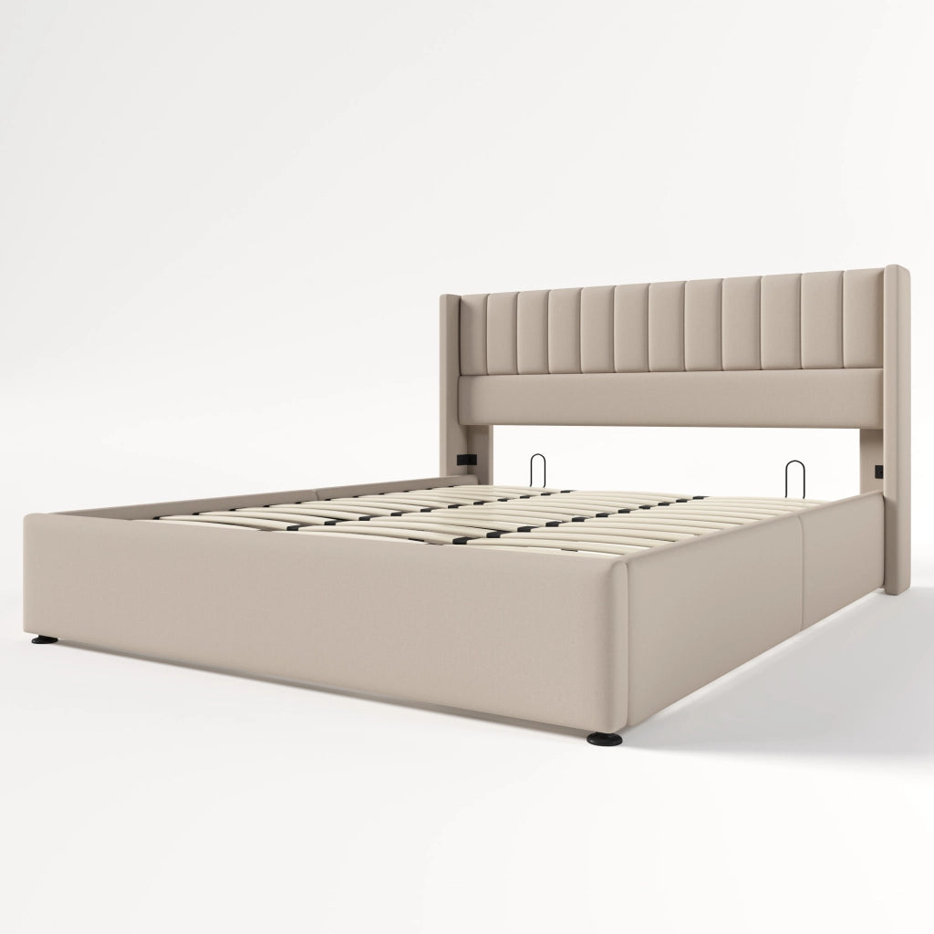 Letti contenitori 180x200 cm; sollevamento idraulico; lino; beige (Senza materasso)