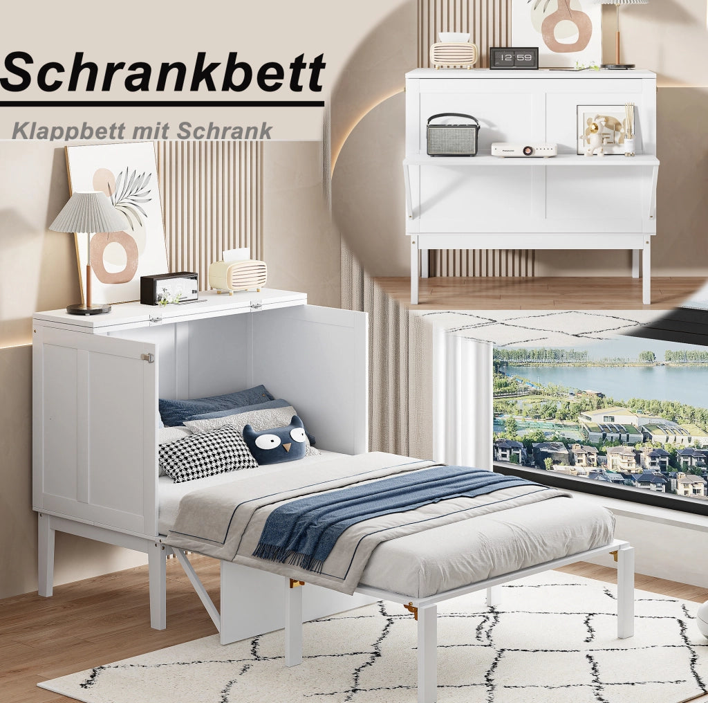 Letto a scomparsa verticale 90x200 cm bianco; design salvaspazio in legno