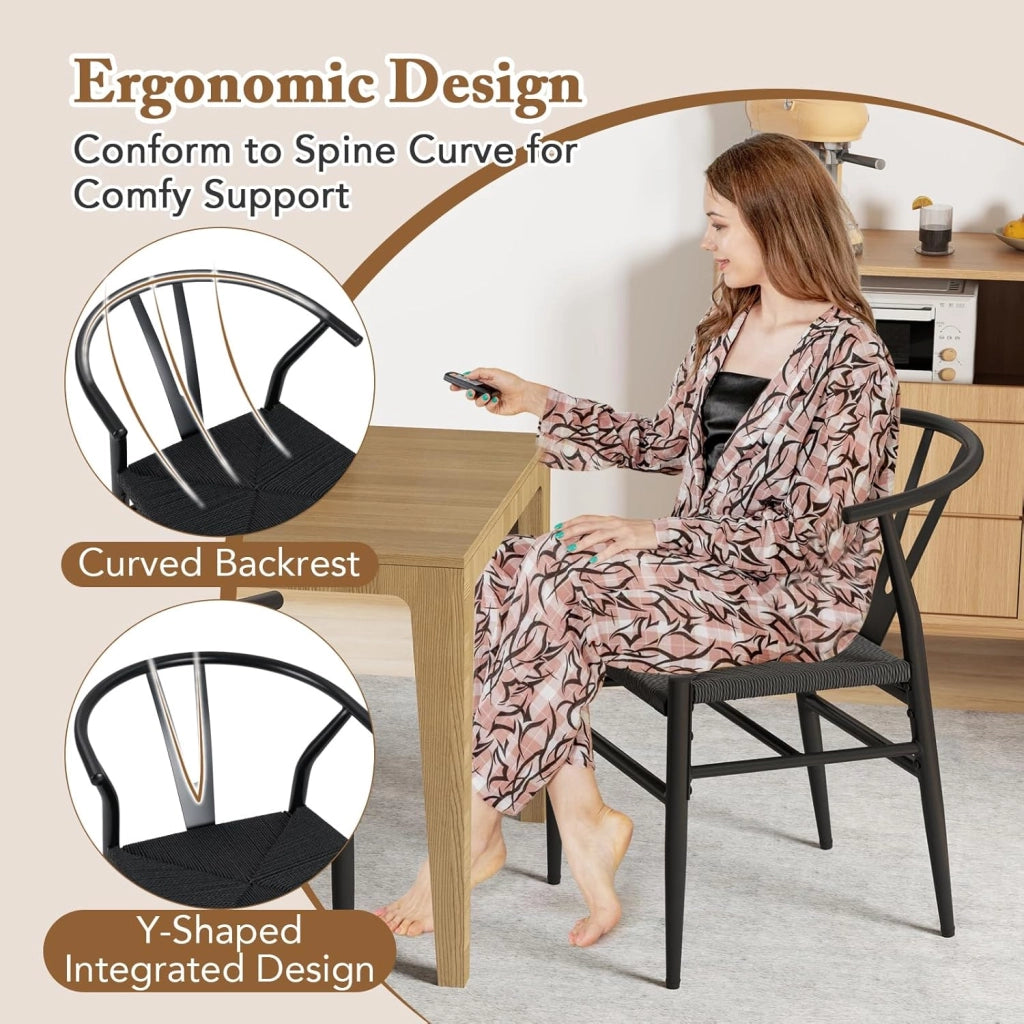 Set di 2 sedie da pranzo impilabili, da cucina, da soggiorno, con schienale e ampia seduta in rattan, portata 150 kg, con gambe in metallo, set di sedie 54 x 59 x 73 cm