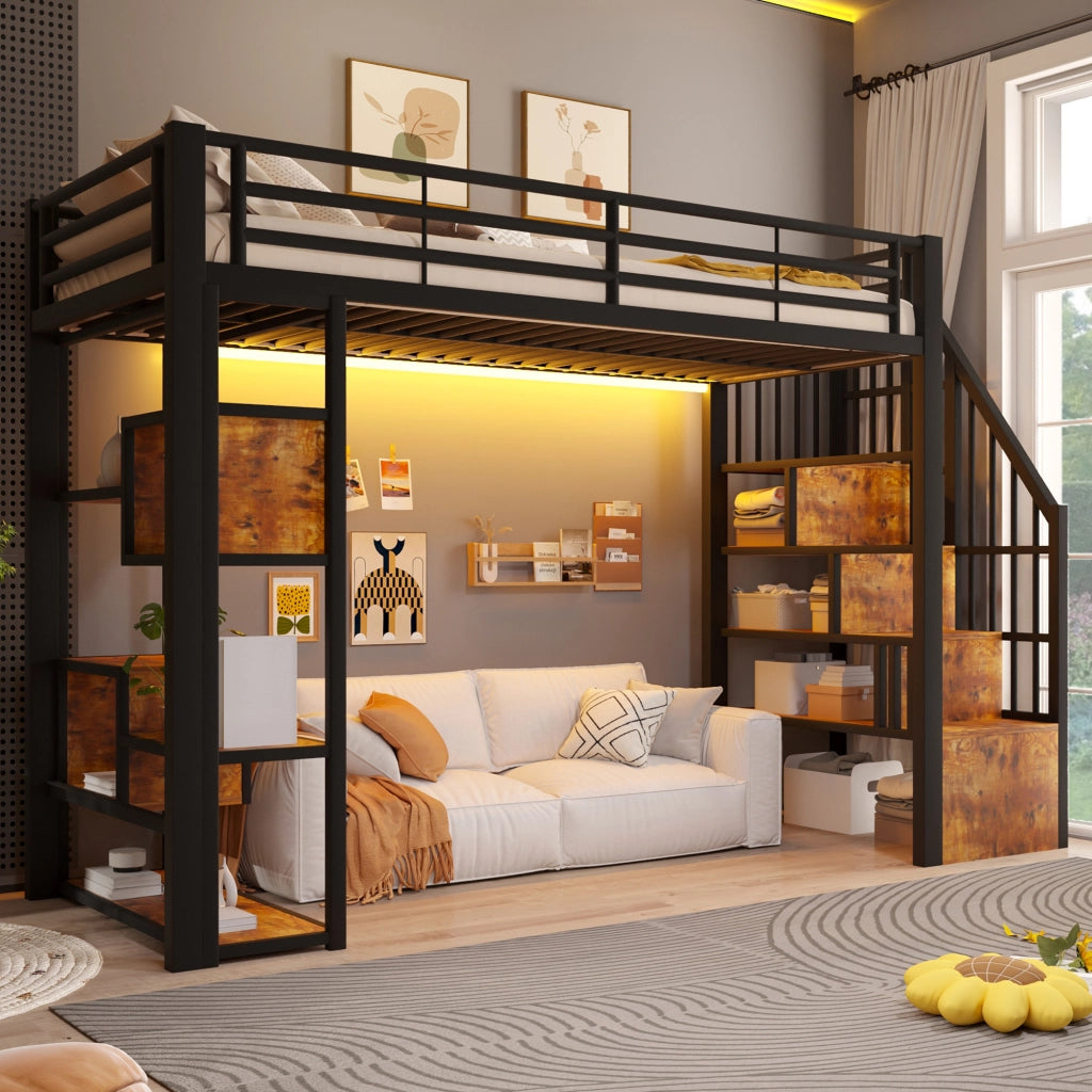 Letto a soppalco 90x200 cm con spazio libero sottostante; LED; ripiano; gradini integrati e parapetto; metallo nero