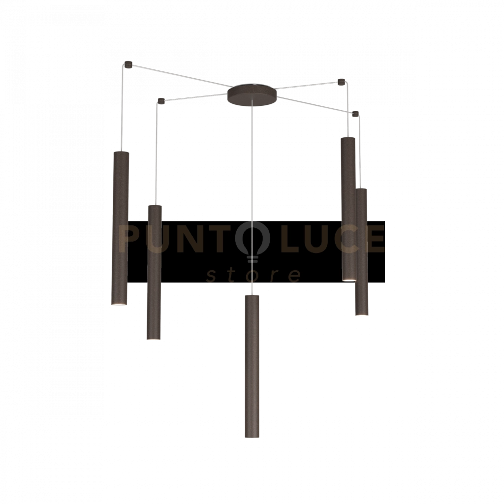 ROUND TUBE SOSPENSIONE 5 LUCI MARRONE CAVO CM.250 CON BASE 1174-S5-MA