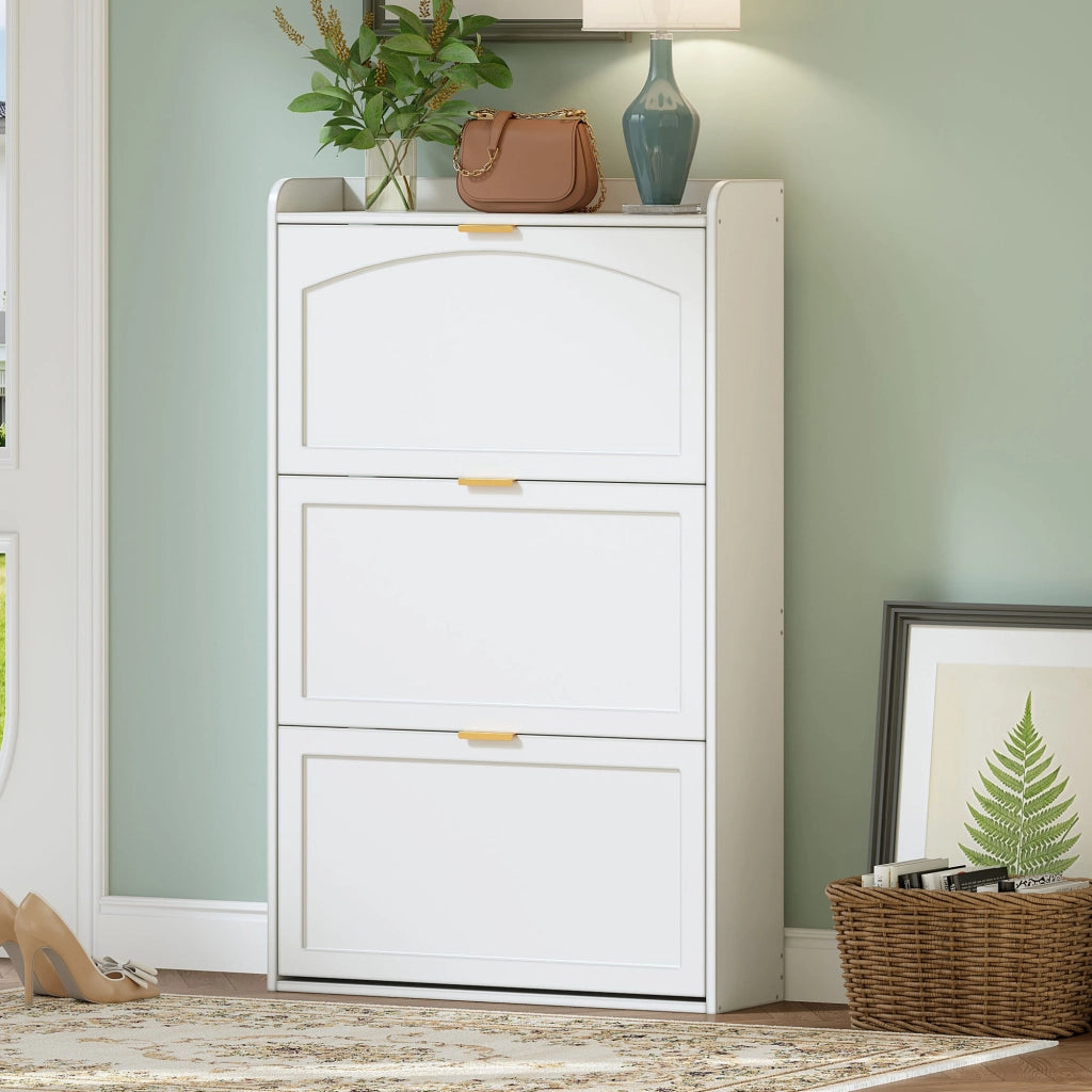 Scarpiera stretta con 3 ante a ribalta, mobile scarpe bianco per ingresso e soggiorno, 76x23x118 cm