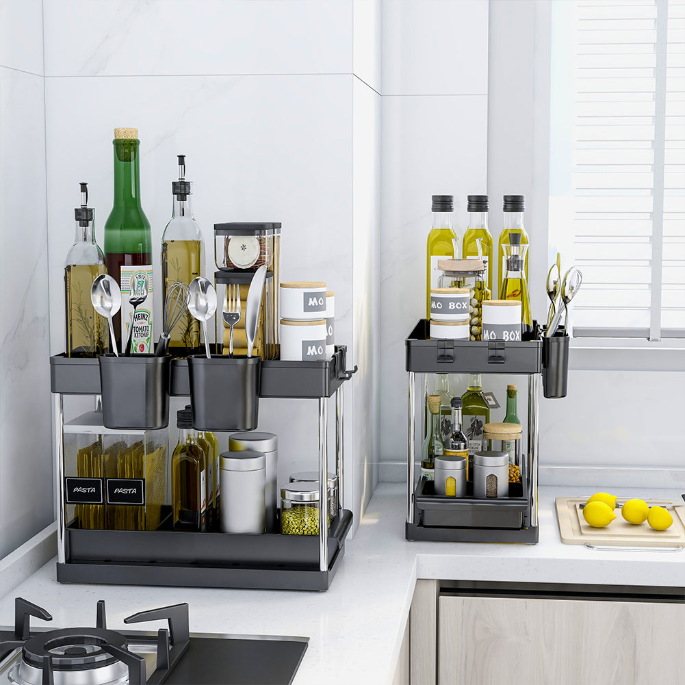 Set 2 Organizer Sottolavello Nero Bagno Cucina Cassetto Scorrevole Salvaspazio