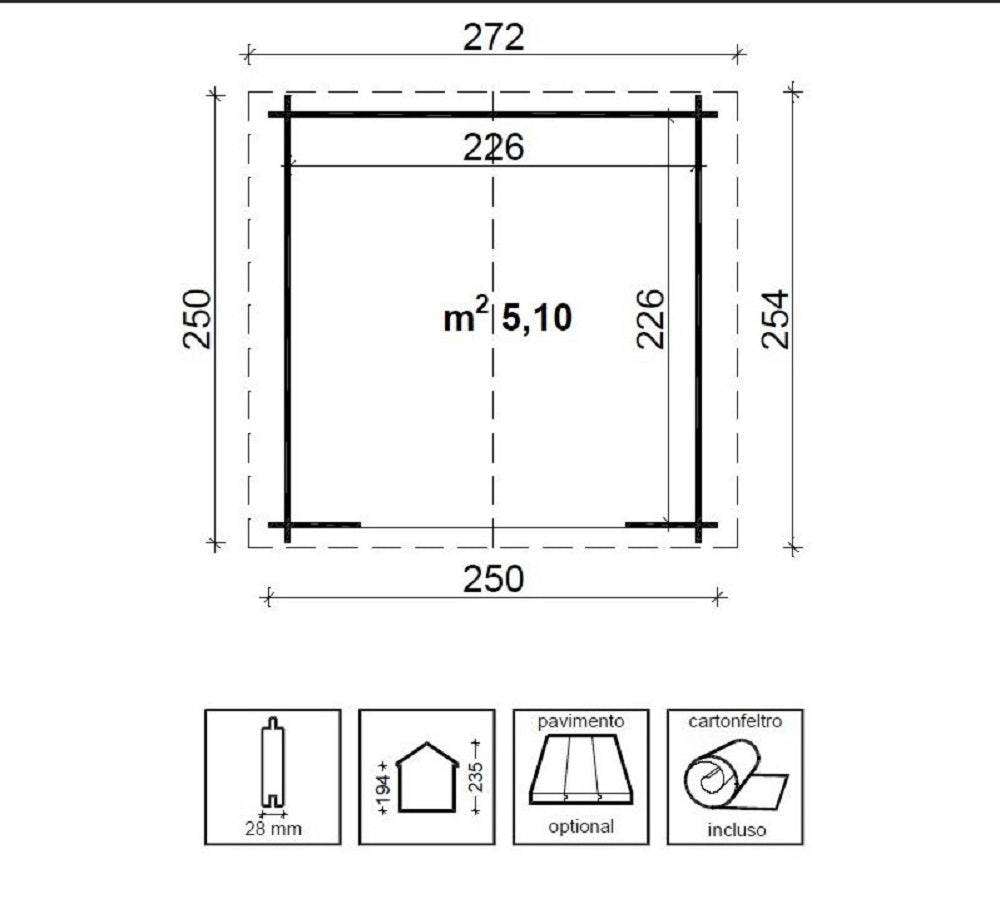 Casetta in legno impregnato ARISA cm. 250x250 senza Pavimento
