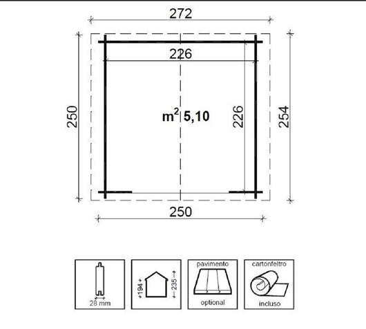 Casetta in legno impregnato ARISA cm. 250x250 senza Pavimento