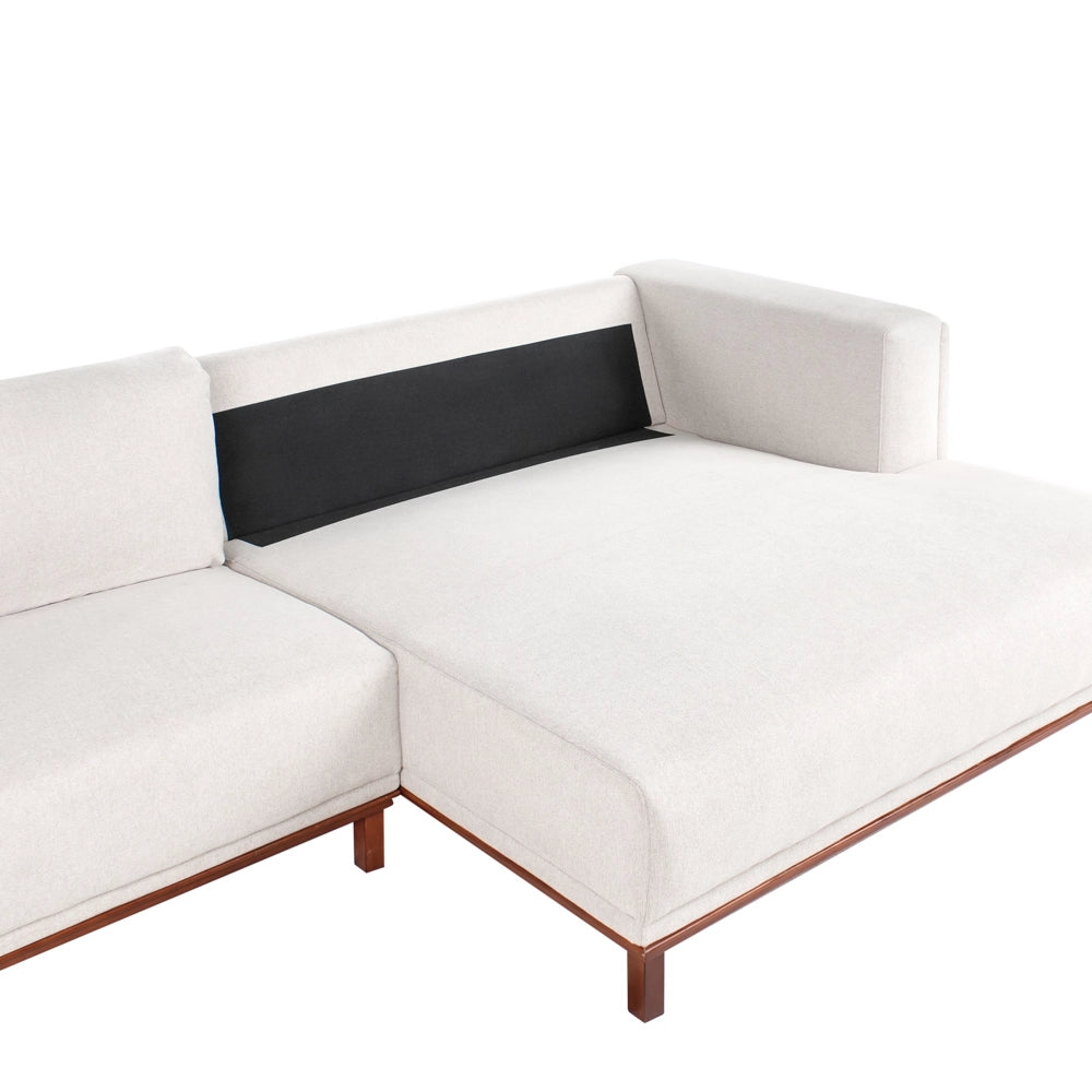 Divano angolare a sinistra Tessuto beige chiaro rivestito in poliestere Gambe in legno 4 posti spesso imbottiti Mobili da salotto in stile moderno