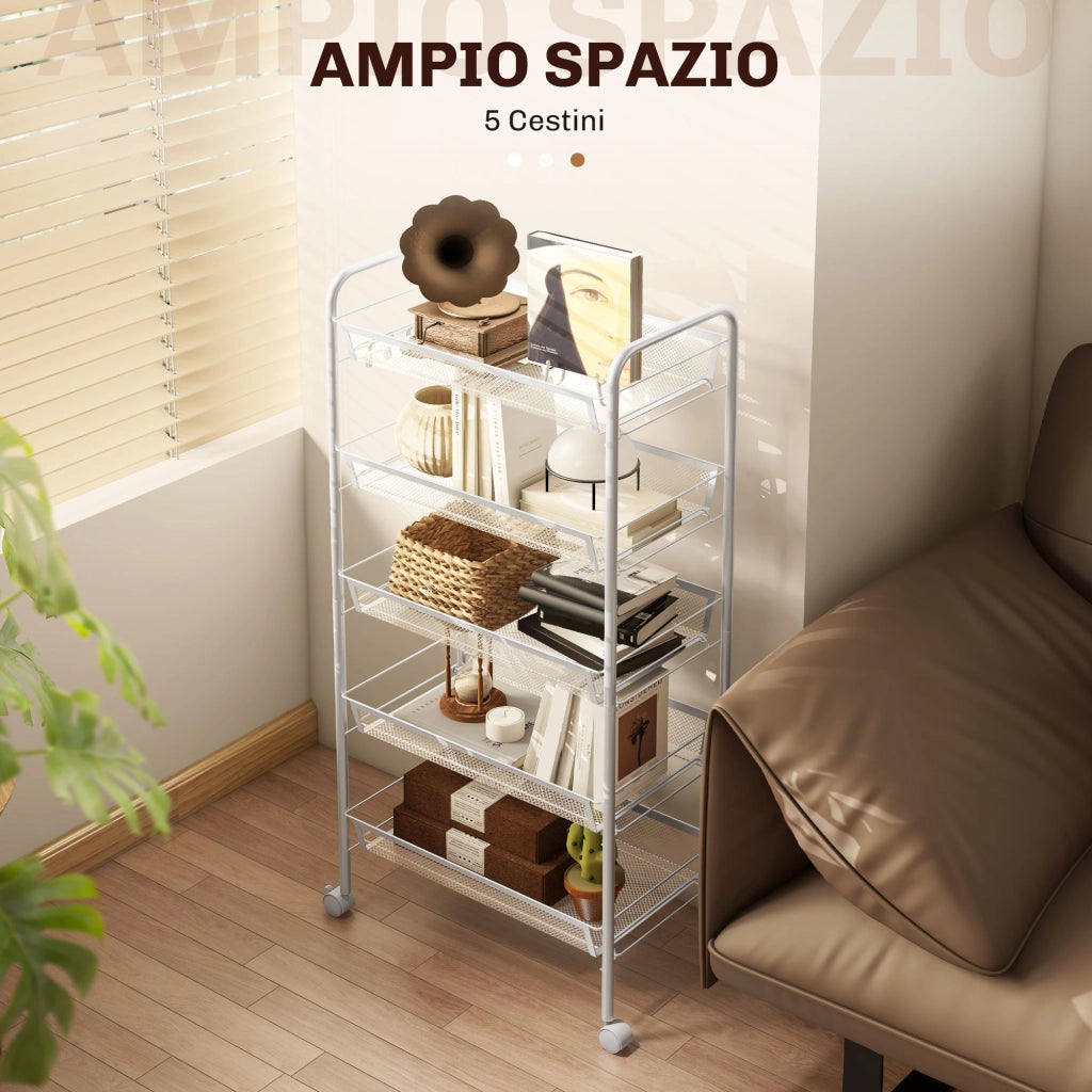 Carrello Cucina Salvaspazio 5 Ripiani ¨C Xylo ¨C Acciaio Bianco 45x26.5x106cm