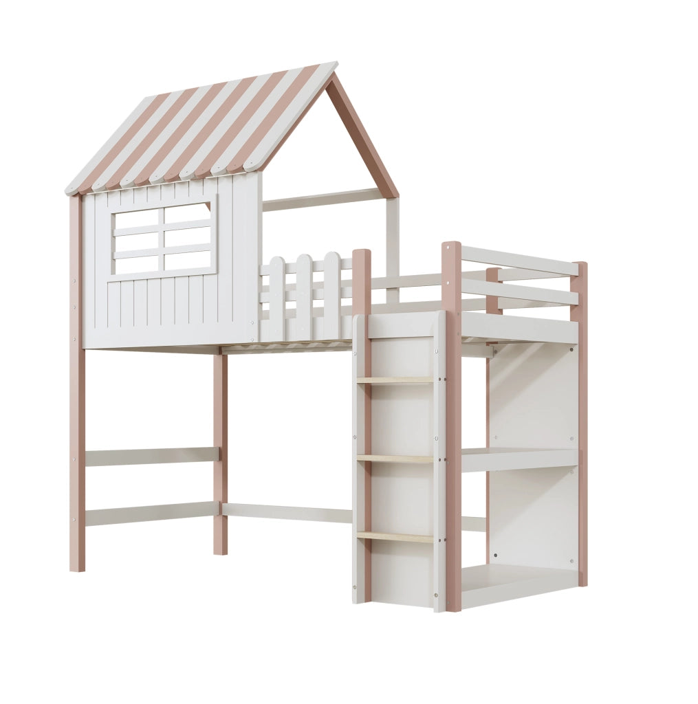 Letto a casetta 90x200 cm con scala di sicurezza e spazio contenitore in legno rosa