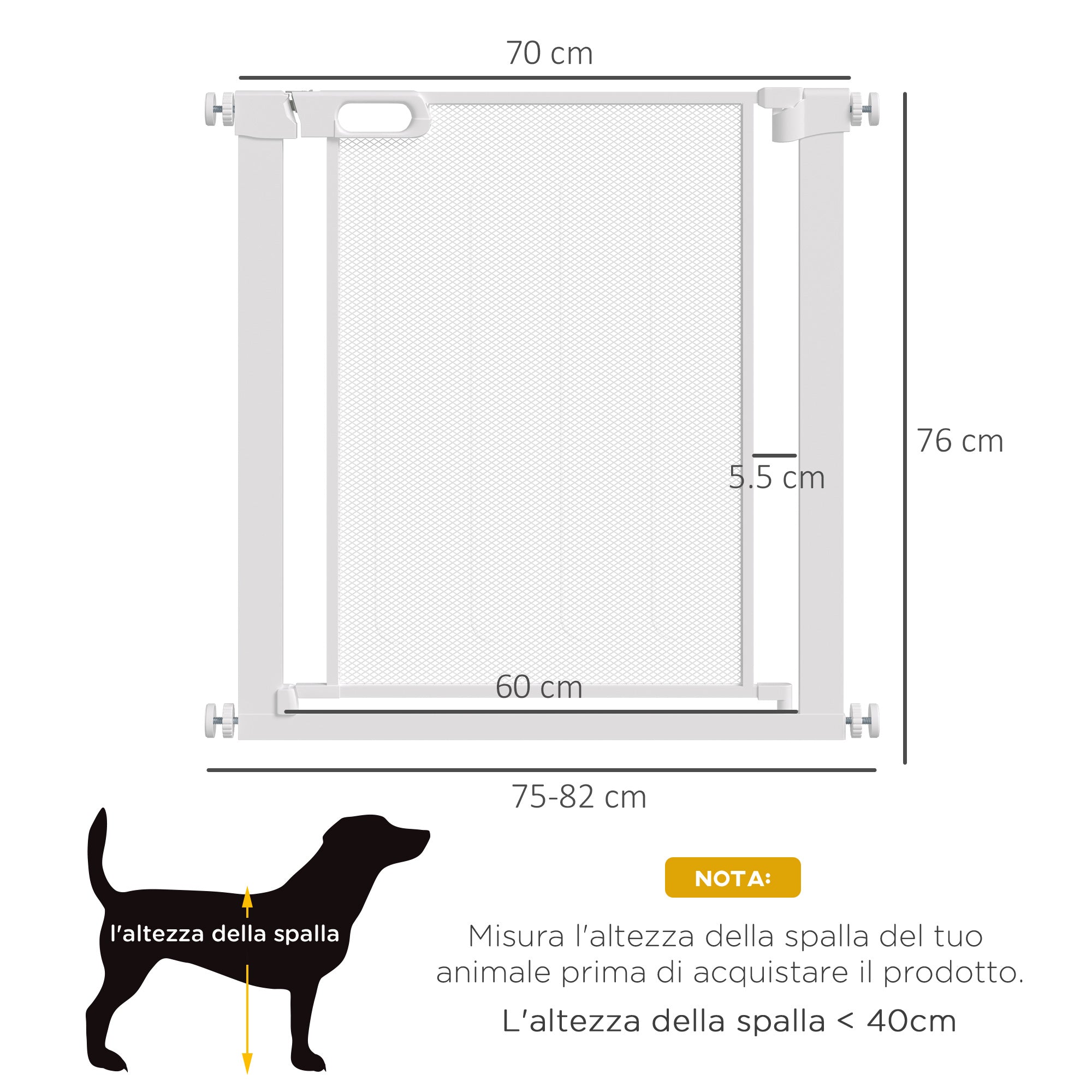 Cancellino per Cani Regolabile 75-82x76 cm con Chiusura Automatica in Acciaio e ABS Bianco