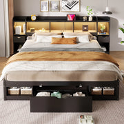 DESMIU Letto adulto 180 × 200 cm 2 posti con 3 cassetti, vani contenitori e LED, senza materasso, in MDF e compensato, nero