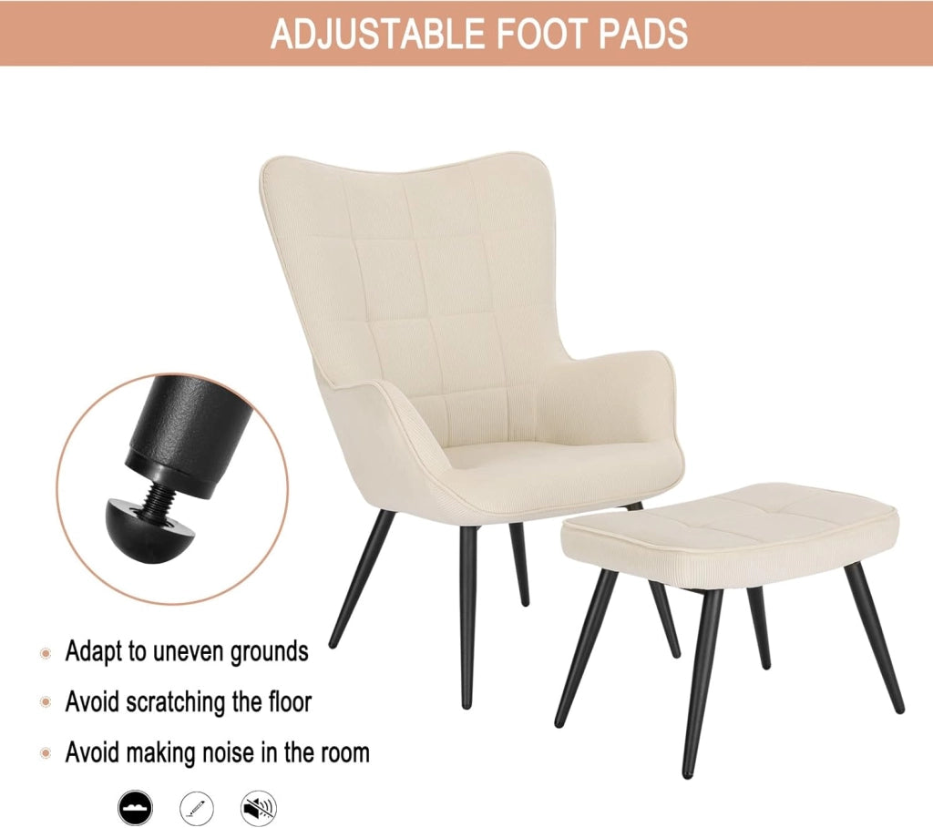 Poltrona Imbottita con Pouf Poggiapiedi Sedia Poltroncina Relax con Braccioli e Schienale Alto per Camera da Letto Salotto in Velluto,Crema SKS28cm