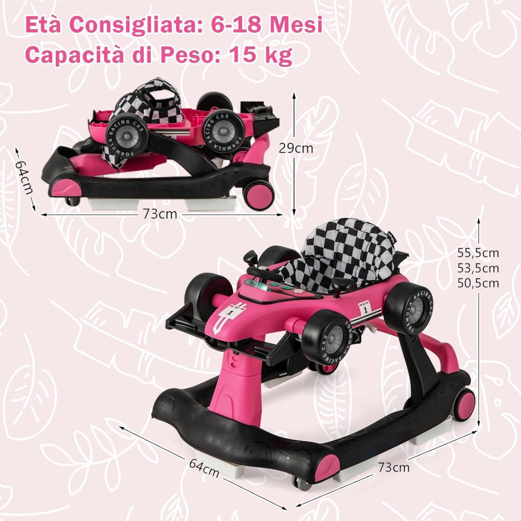 Girello per Bambini 4 in 1, Girello Pieghevole con Altezza e Velocità Regolabili, Carillon con Luci, Volante e Sedile, Primi Passi per Bambini 6-18 Mesi, Portata 15 kg (Rosa Scruro)