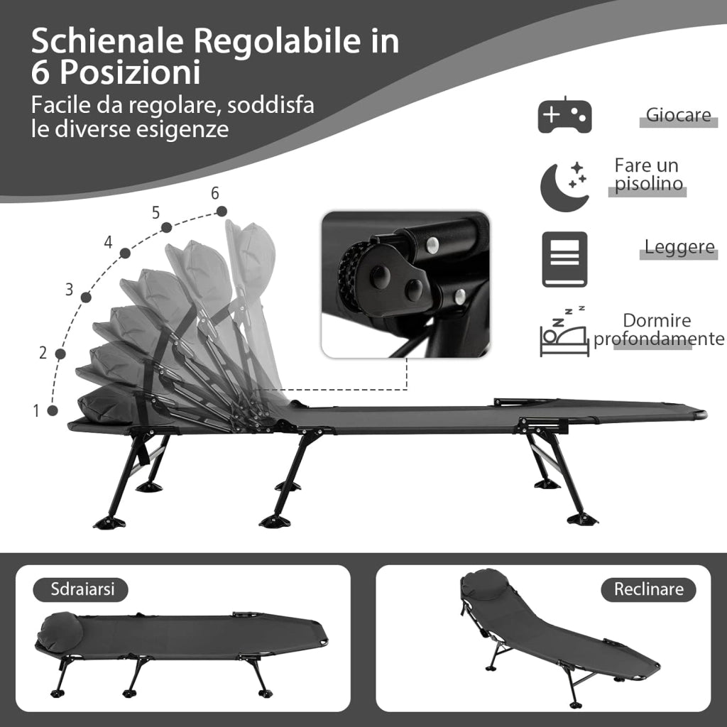 Brandina da Campeggio Pieghevole con Materasso Rimovibile, Poggiatesta, Schienale Regolabile in 6 Posizioni e Copripiedi Girevole a 360°, per Campeggio, Ufficio e Ospiti (Grigio)