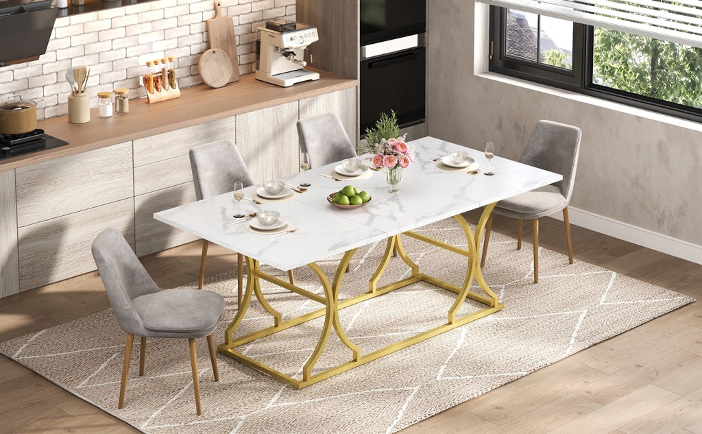 Tavolo da pranzo 200x80 cm effetto marmo, per 8-10 persone, struttura in MDF con gambe oro