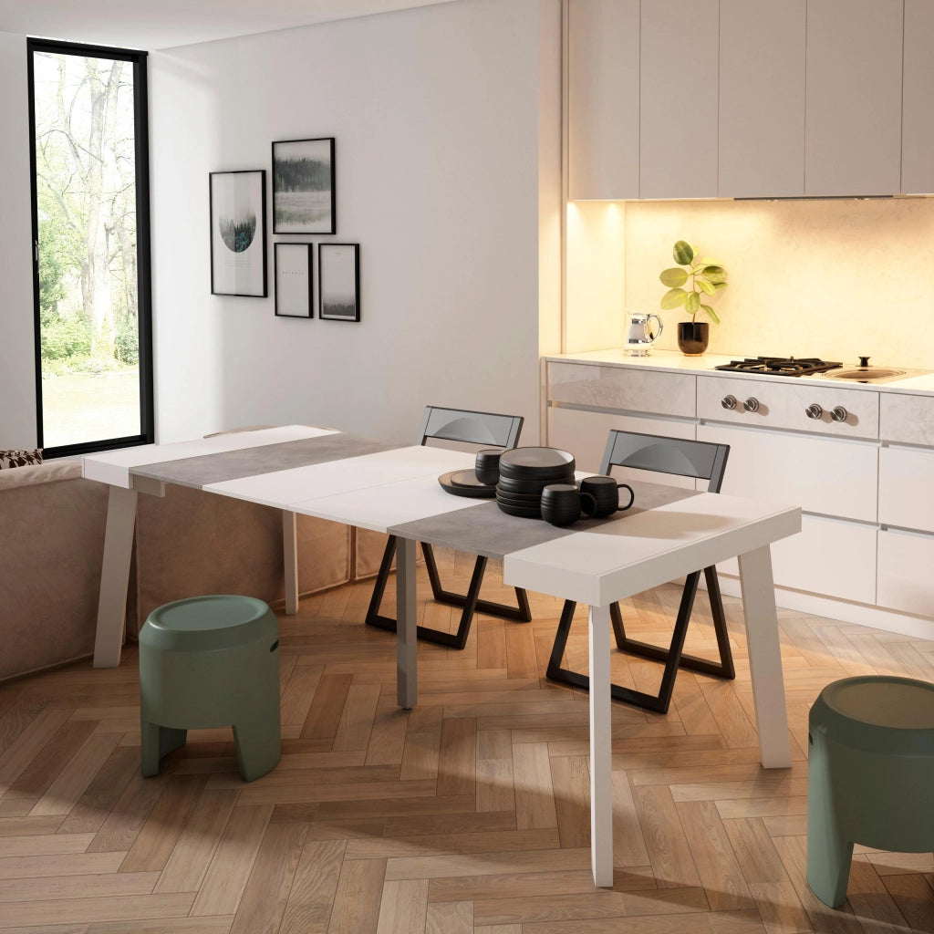 Consolle allungabile, 222x90x73cm, Per 10 persone, Gambe in legno, Bianco e grigio cemento RF3018