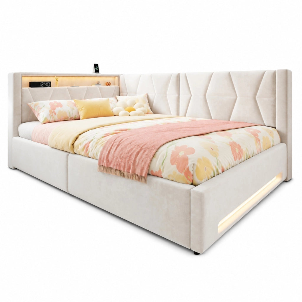 Letto Contenitore 140x200 cm con USB; Type-C e LED; in Velluto Beige