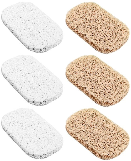 Set di assorbenti per sapone da 6 pezzi - Tessuto multidirezionale - Materiale duraturo - Buon flusso - Bianco/terra - Per sapone in vasca o doccia - Assorbenti per sapone risparmiatore