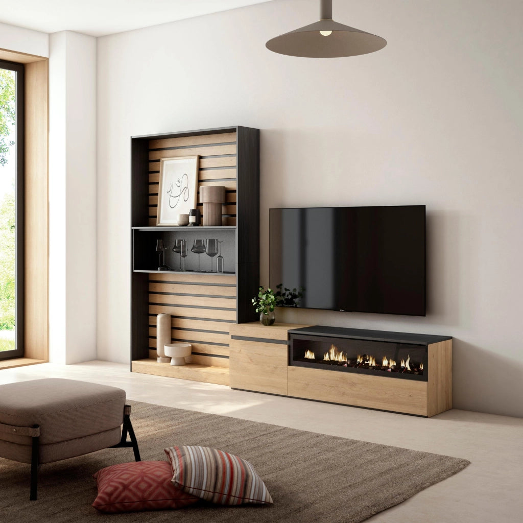 Mobile TV, Soggiorno, 260x35x186cm, Per TV fino a 65", Camino elettrico, colore Rovere e nero RF3157