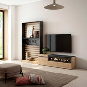 Mobile TV, Soggiorno, 260x35x186cm, Per TV fino a 65", Camino elettrico, colore Rovere e nero RF3157