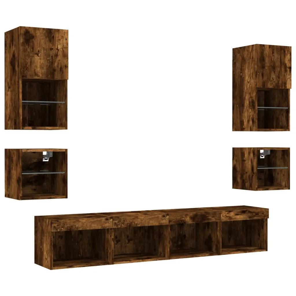 Mobili TV a Muro con LED 8pz Rovere Fumo in Legno Multistrato 3216594