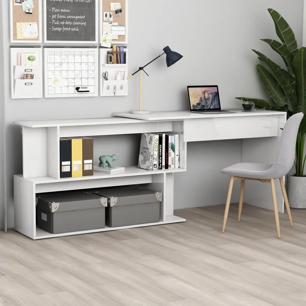Scrivania | Tavolo da Ufficio Angolo Bianco Lucido 200x50x76 cm Legno Multistrato