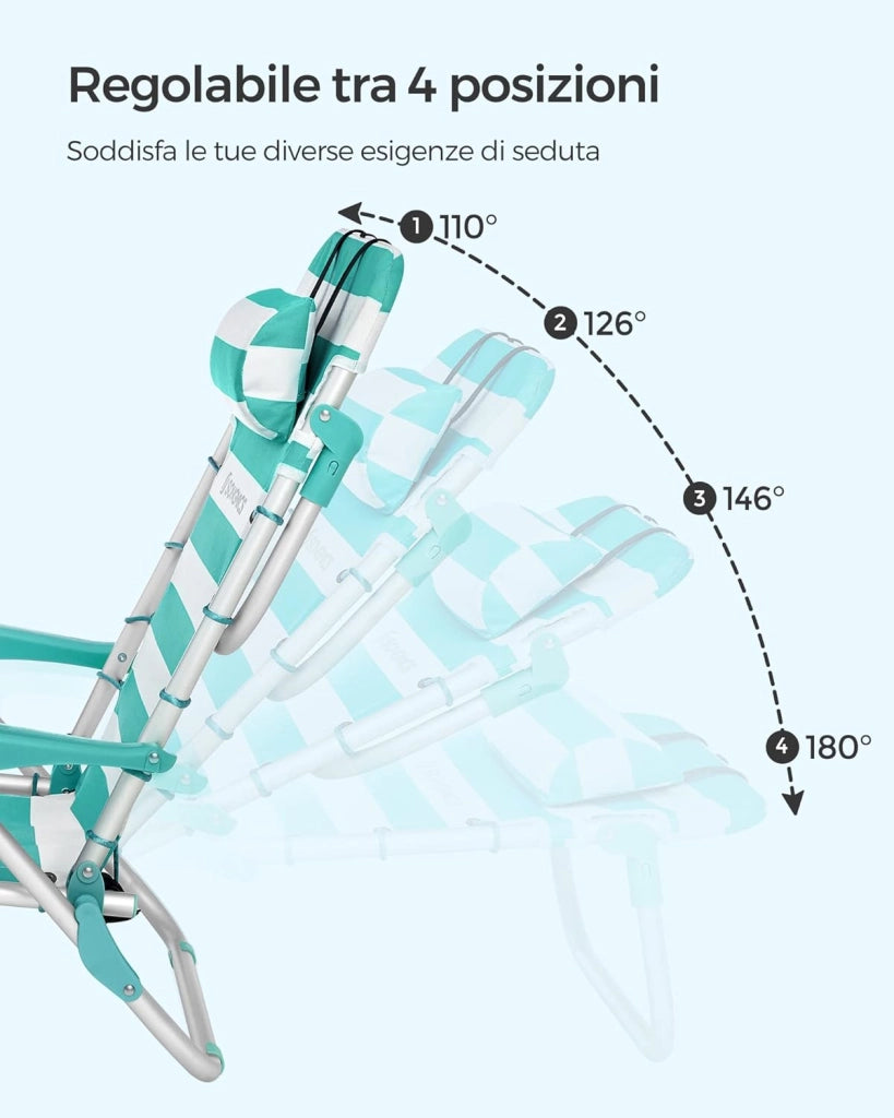 SONGMICS Sedia da spiaggia, sedia da campeggio pieghevole, con tracolla, schienale regolabile, poggiatesta, bracciolo, 2 tasche laterali, verde e bianco GCB62JW