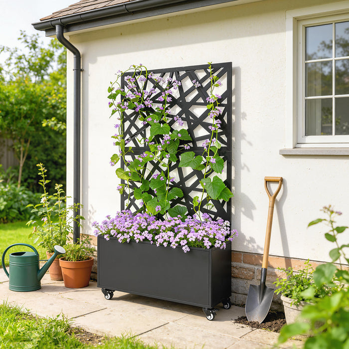 Fioriera con Grigliato per Rampicanti 90x30x160 cm a Rotelle Fori di Drenaggio in Metallo Nero