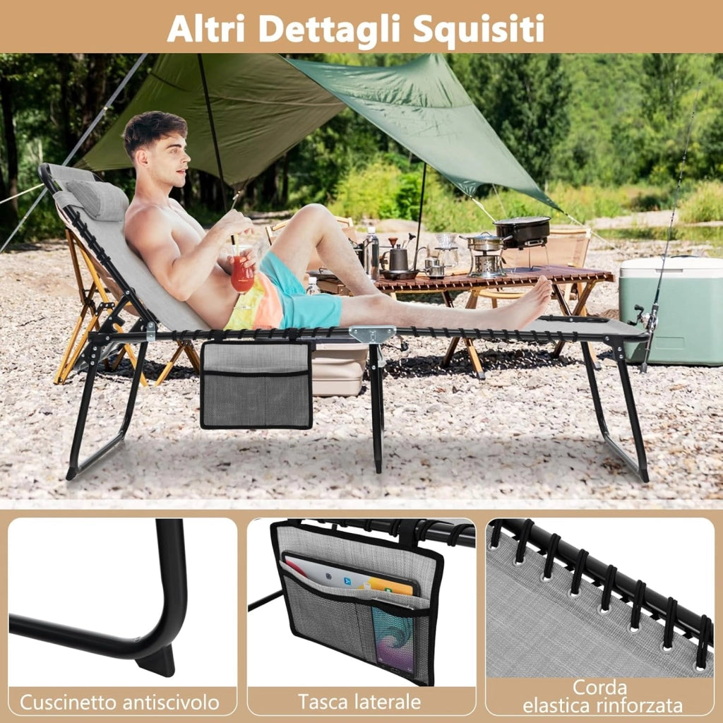 Sedia a Sdraio Pieghevole, Lettino da Giardino con Schienale a 4 Livelli, Tasca Laterale e Poggiatesta Staccabile, Ideale per Giardino, Piscina, Campeggio, Portata 150 kg (Grigio)