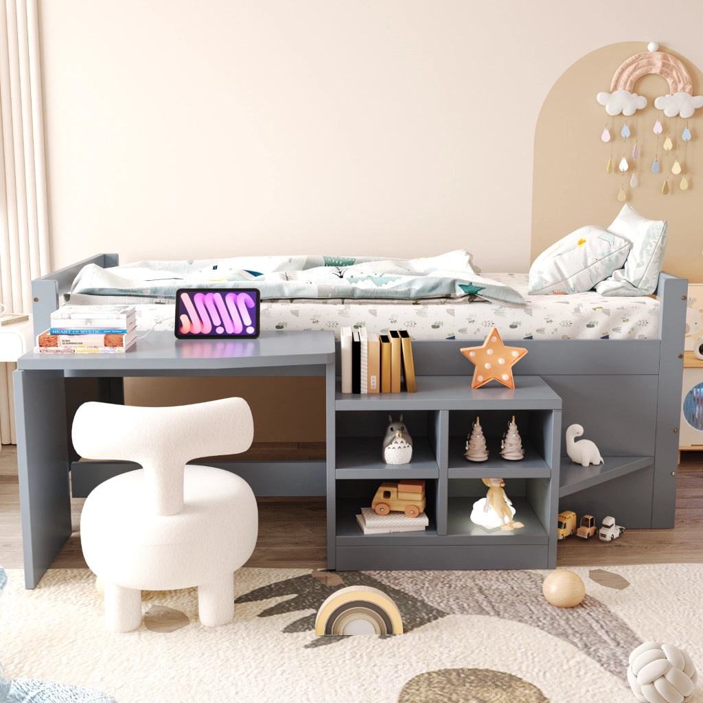 LETTO Multifunzione 90x200 cm Grigio in legno con scrivania, vani contenitori e prese