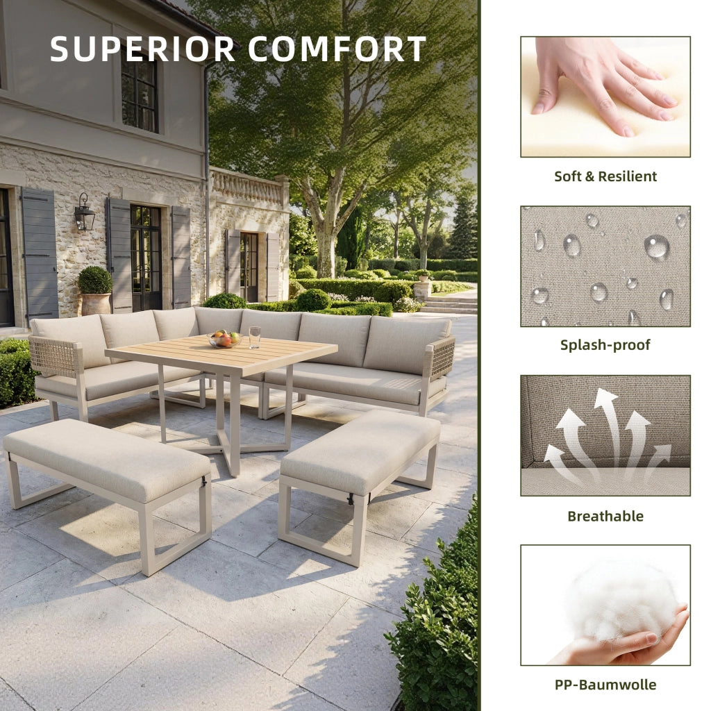 OKWISH Divano da esterno Salotto da giardino con Cuscini Fissi e Piedini Regolabili, Tavolo da Pranzo Metallo Tessuto Beige