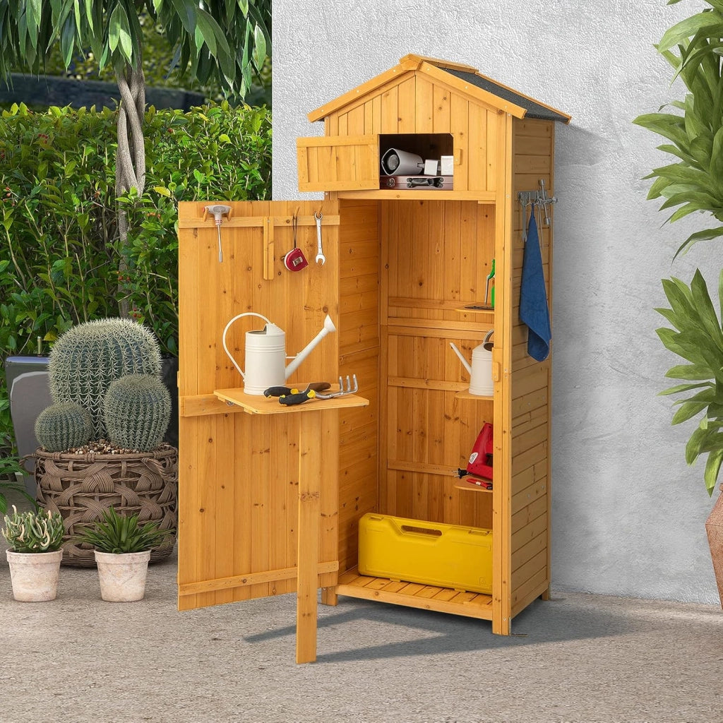 Armadio da Esterno in Legno, Capanno da Giardino con Serratura, Tavolo Pieghevole, Tetto Impermeabile, Ganci, Ripiani Rimovibili e 4 Staffe Metalliche, per Patio, Giardino e Cortile (Legno)