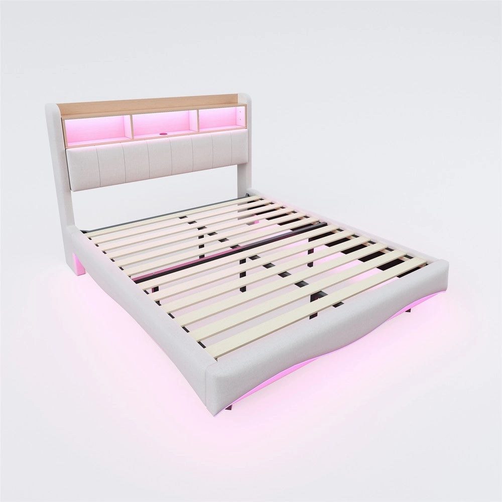 Letto Contenitore Imbottito con LED 160x200 ¨C Xylo ¨C Beige, Tessuto, USB