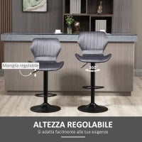Set 2 Sgabelli da Bar ad Altezza Regolabile con Seduta Ergonomica e Poggiapiedi, Sgabelli Alti in Effetto Velluto e Metallo, 47x51.5x92-114 cm, Grigio