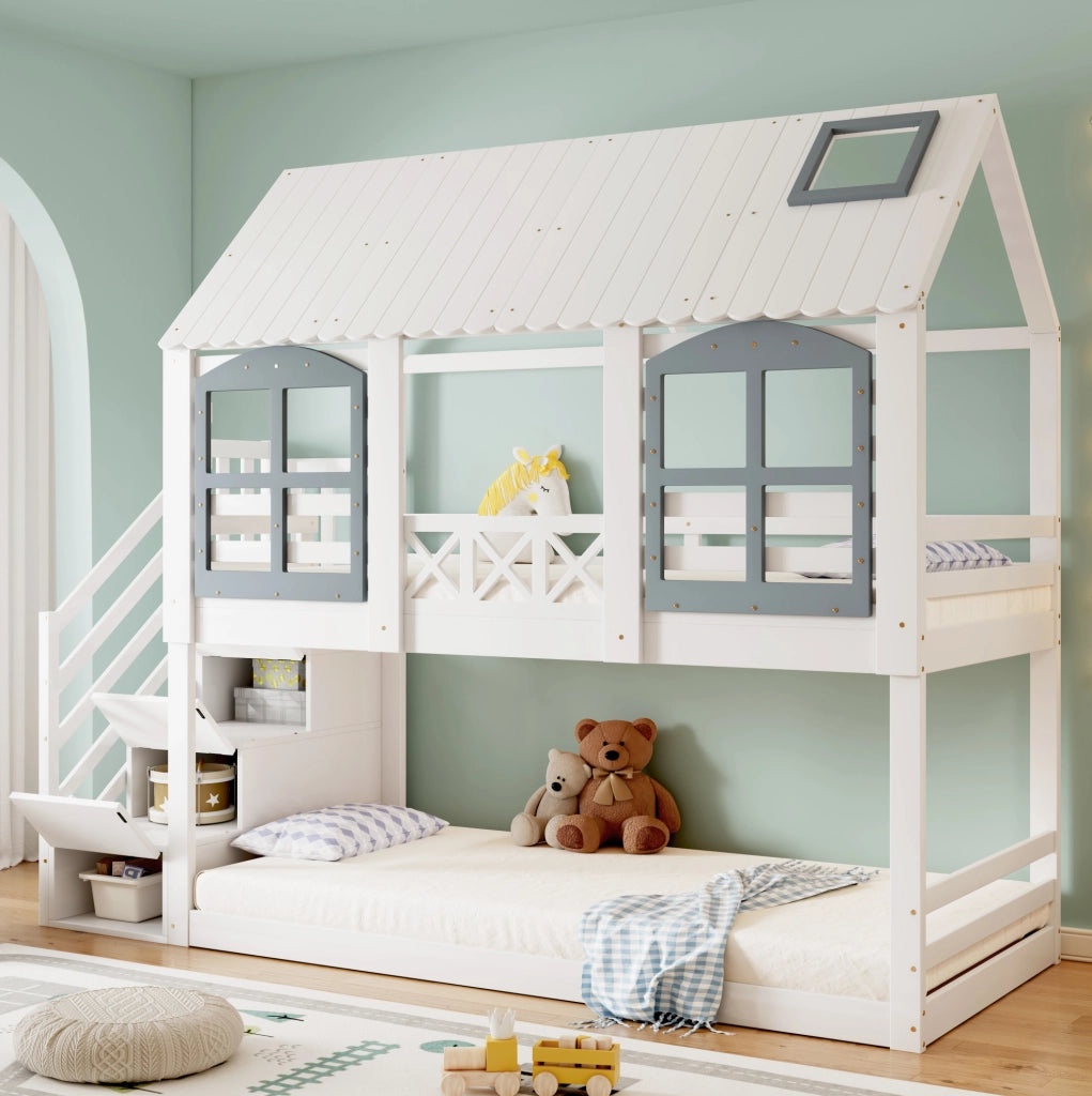 Letto a castello per bambini con scala contenitore 90x200 cm