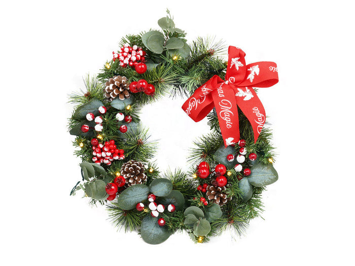 Coroncina di Natale con Bacche e Pigne 15 Luci LED Ø40 cm Verde