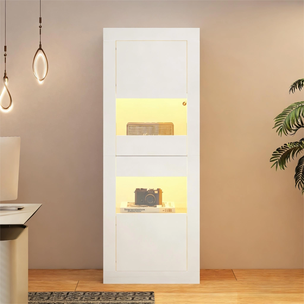 Vetrina con LED e 2 ante, 3 ripiani in vetro regolabili e 4 vani, per soggiorno e cucina, bianco, 61 × 42 × 162 cm