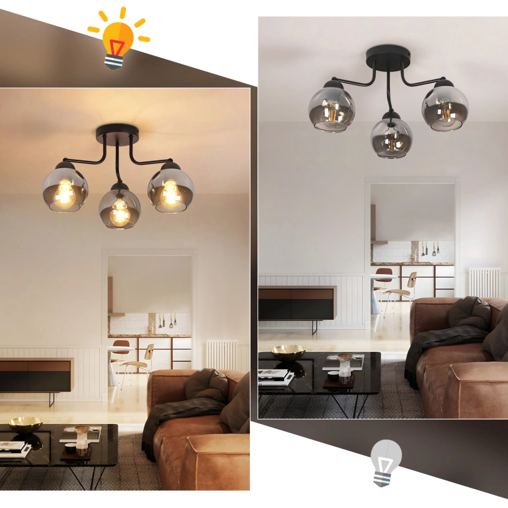 ZMH Lampada da soffitto in vetro nero vintage 3 fiamme E27 industriale rotonda illuminazione