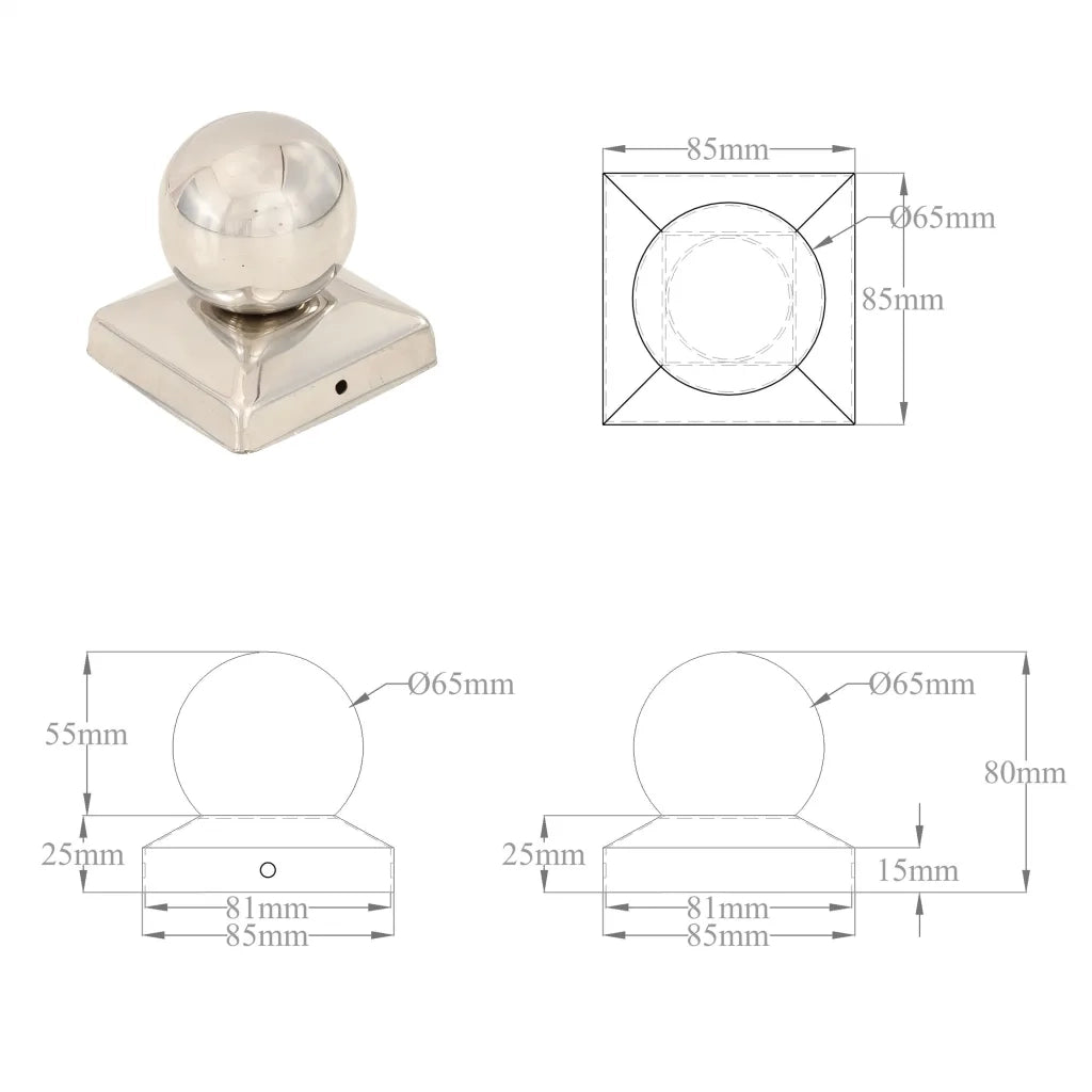 Tappi per Pali 6 pz Estremità a Globo in Acciaio Inox 81x81 mm 145494