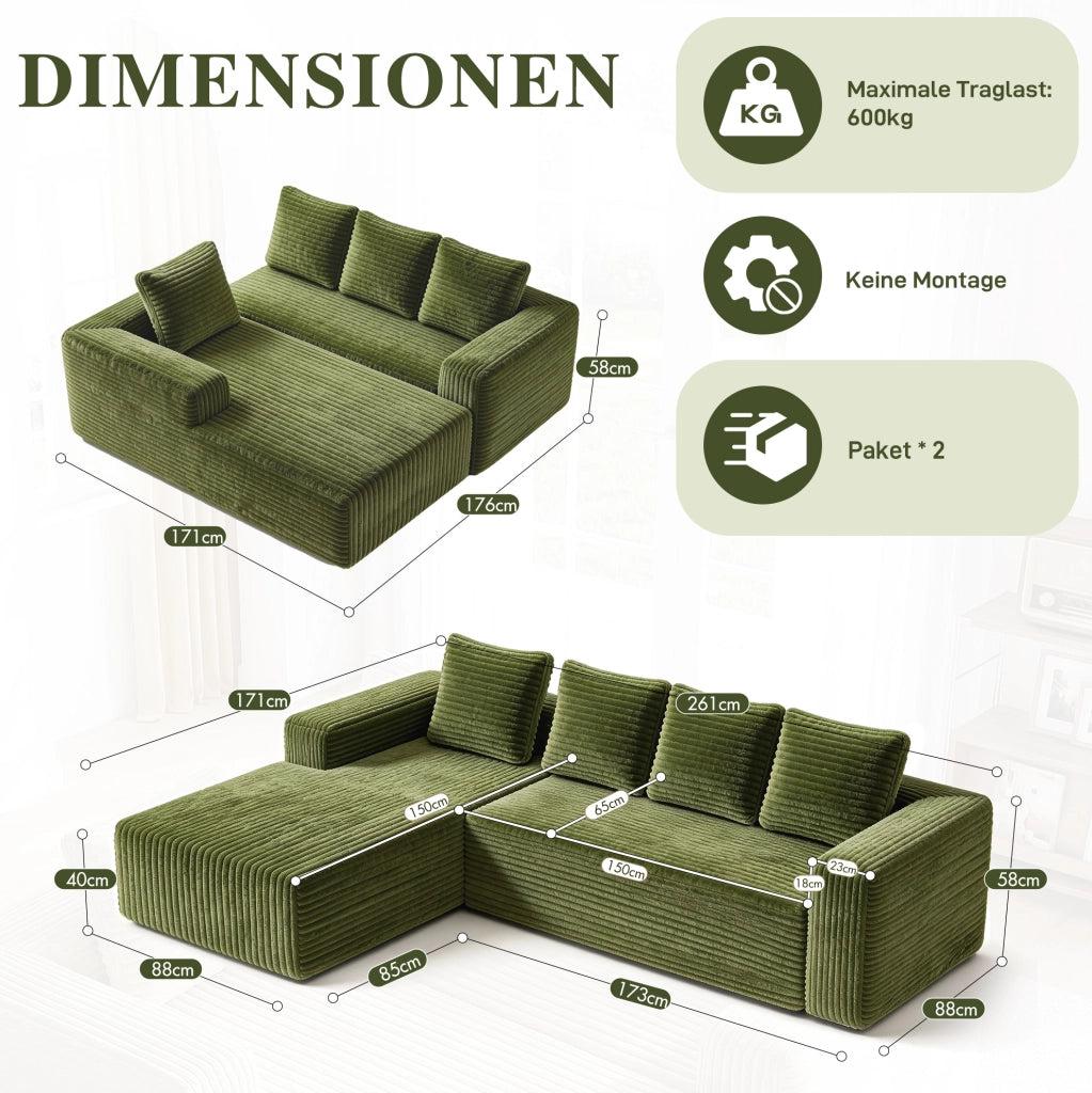 Divano modulare a L reversibile 261x168x58 cm in corduroy verde