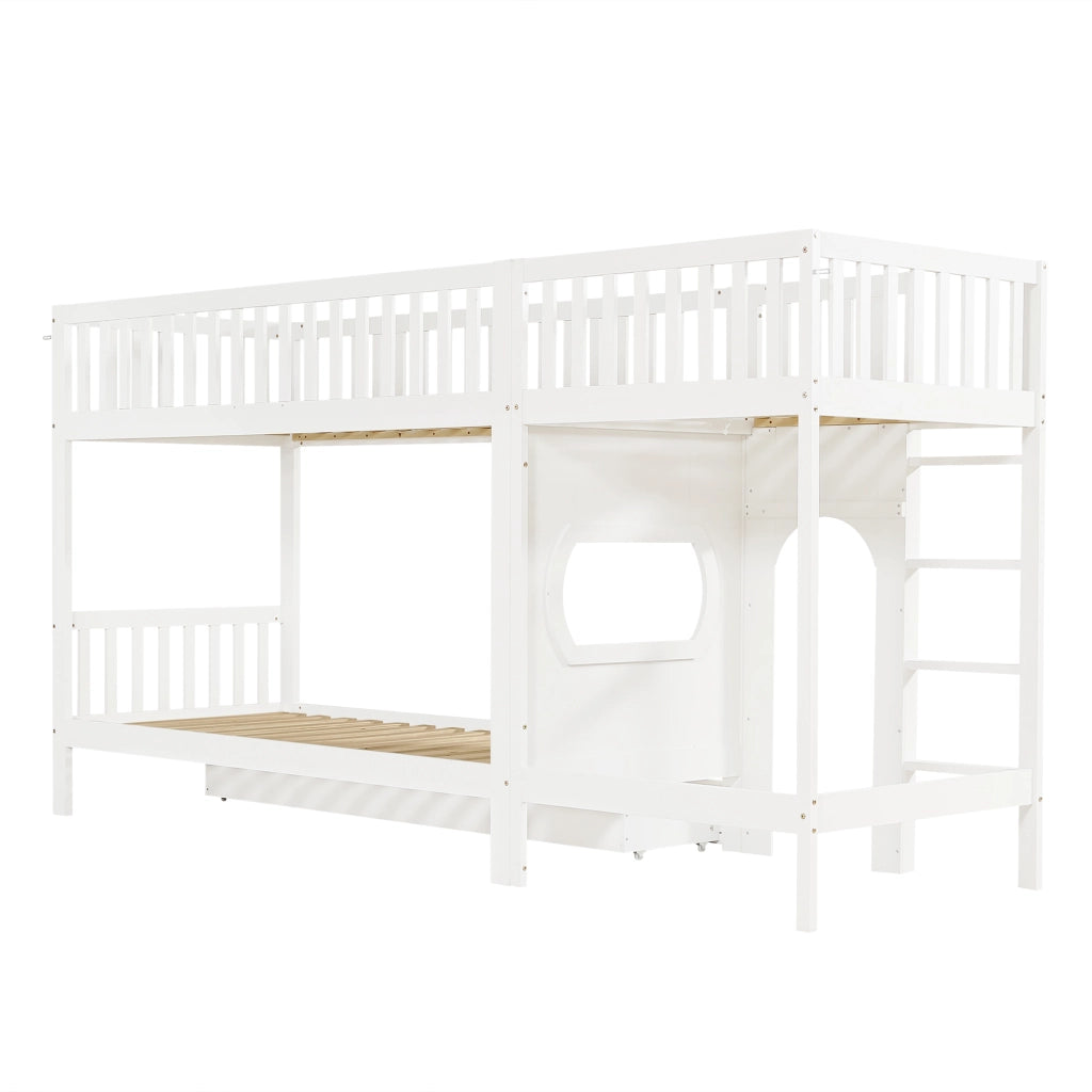 Letto a castello per bambini 90x200 cm, scala dritta a 4 gradini, sponde su 4 lati, bianco/naturale
