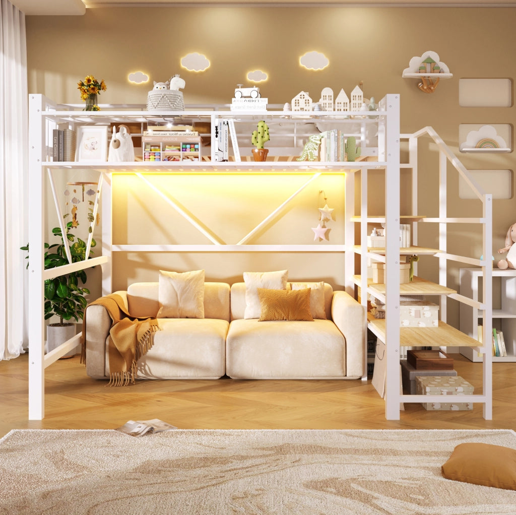 Hochbett 251.5x163x170 cm con illuminazione LED; scaffale a gradini e cestello; MDF e metallo; bianco