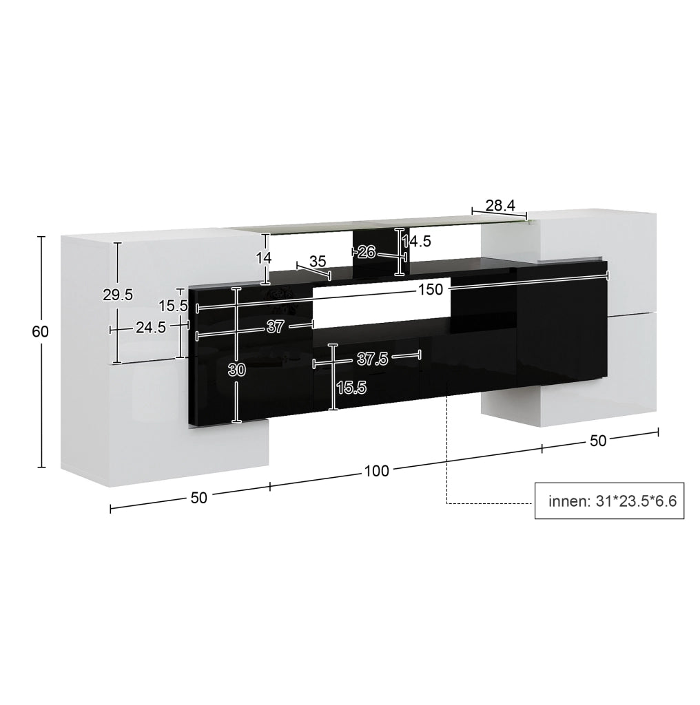 Mobile TV moderno 200x35x60 cm bianco e nero lucido con LED, 6 ante, 2 cassetti e 3 vani