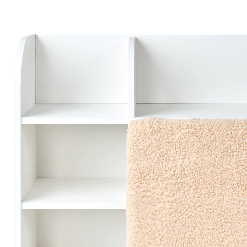 Letto matrimoniale in legno di pino MDF minimalista con contenitore 4 cassetti e ripiani testiera in bouclé bianco con rete 160 x 200 cm